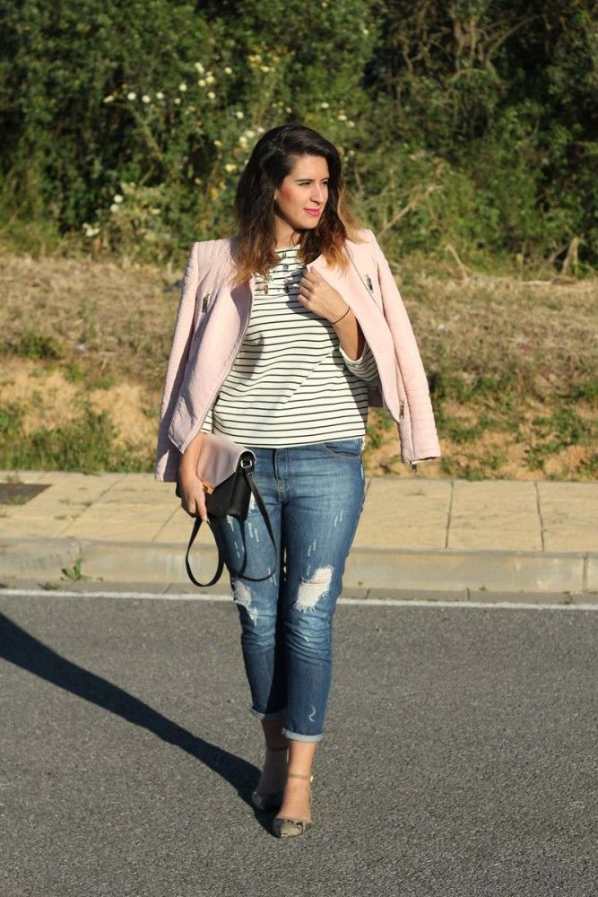 Pink jacket + boyfriend jeans