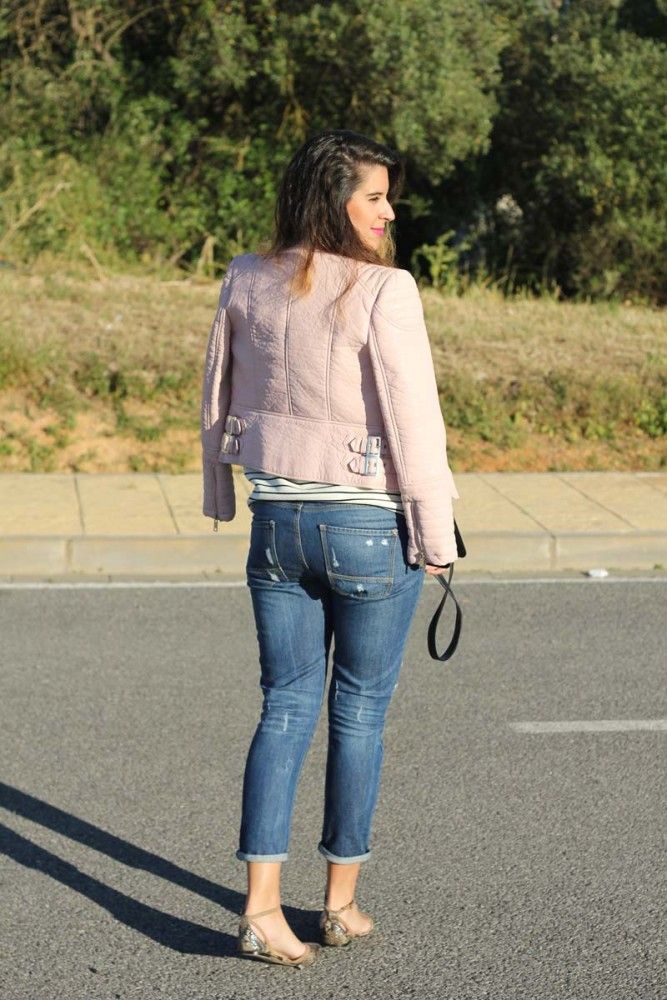 Pink jacket + boyfriend jeans